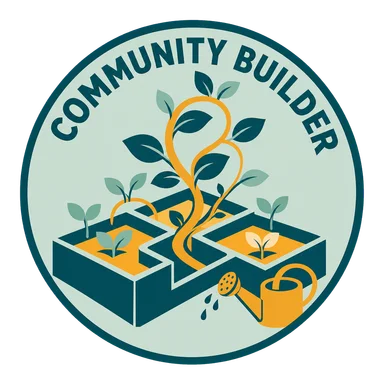 Community Builder roundel with planted garden beds, curling stems and a watering can, locked