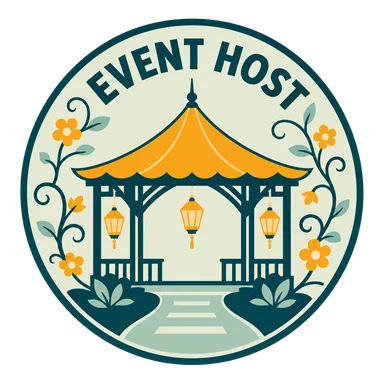 Event Host roundel with a garden pavilion, lanterns and flowering vines