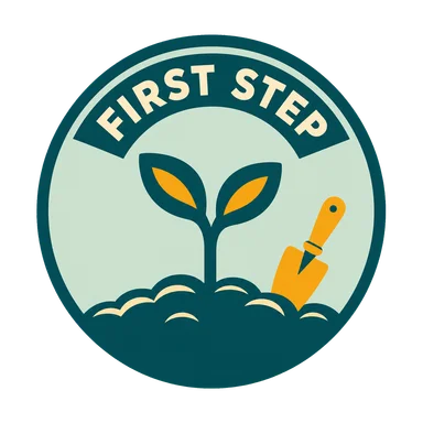 Teal and amber First Step roundel with a seedling and garden trowel