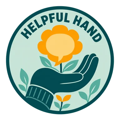Helpful Hand roundel with a gloved hand supporting a flower shaped like speech bubbles