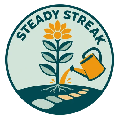 Steady Streak roundel with a tall flower, watering can and stepping stones