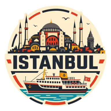 Modern-flat Istanbul badge with Hagia Sophia, a Bosphorus ferry and Galata Tower