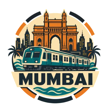 Modern-flat Mumbai badge with the Gateway of India, a suburban train and harbour ferries