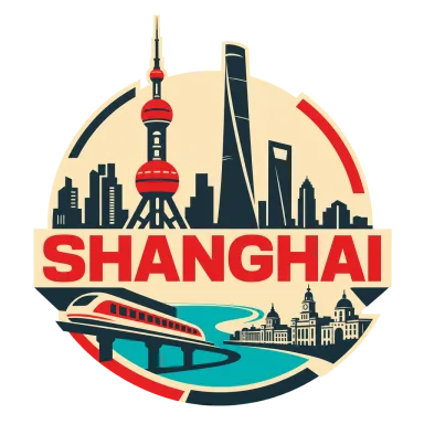 Modern-flat Shanghai badge with the Oriental Pearl Tower, Pudong skyline and a maglev train