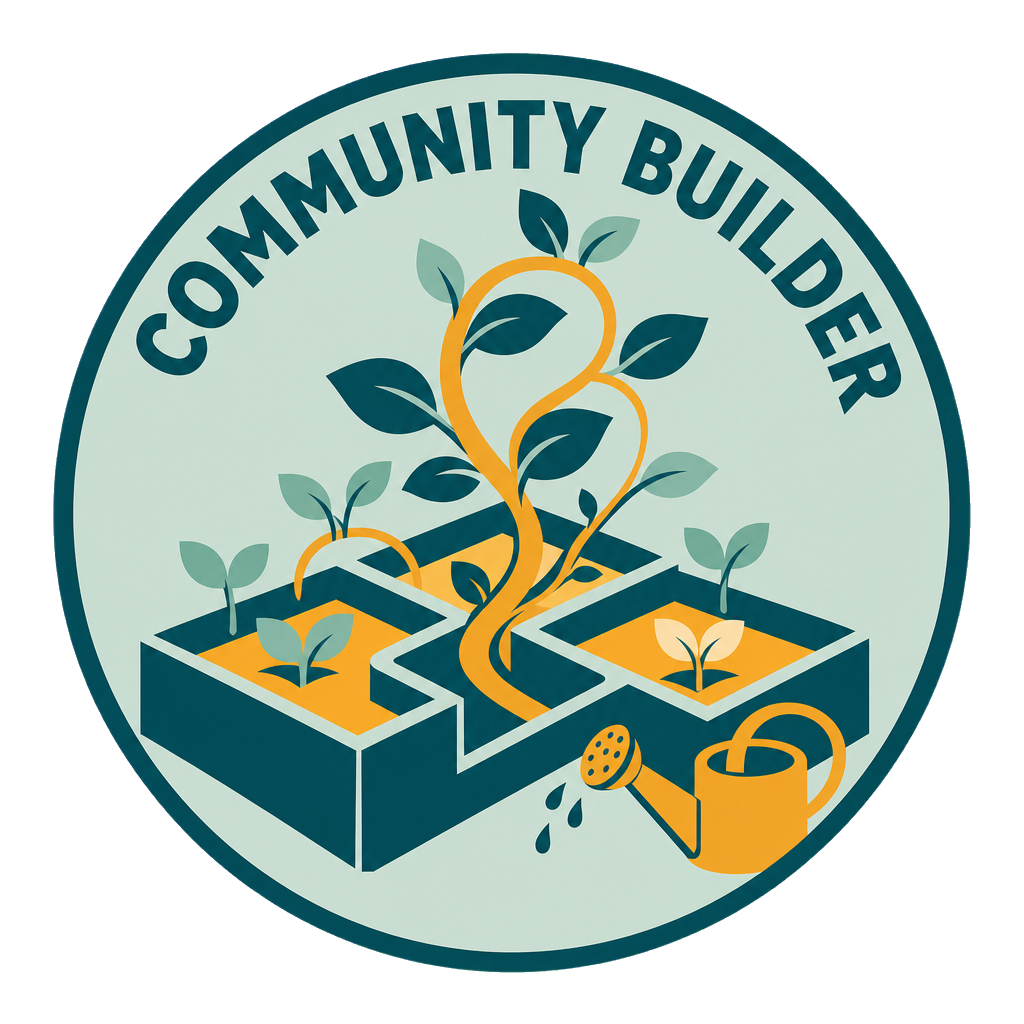 Community Builder roundel with planted garden beds, curling stems and a watering can