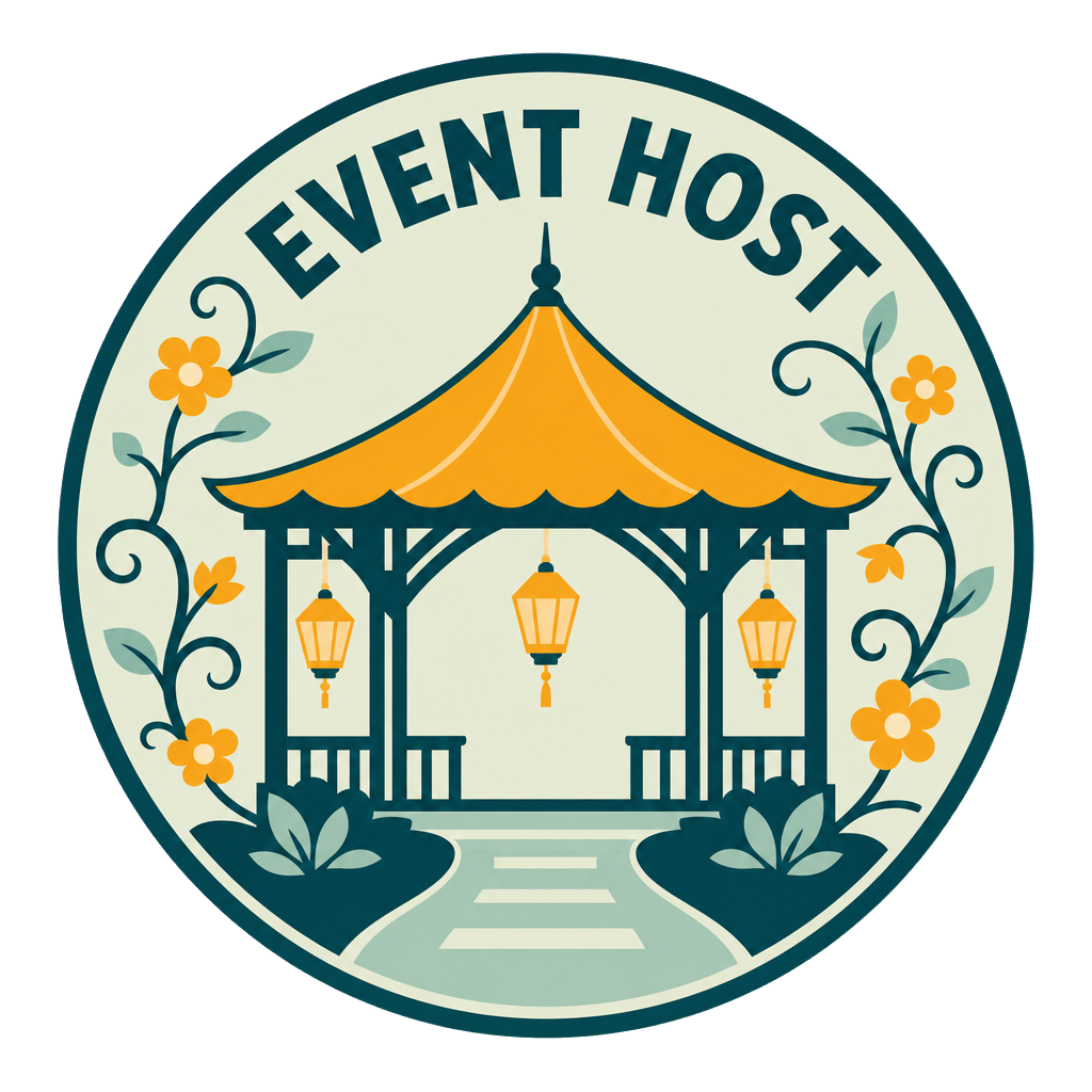 Event Host roundel with a garden pavilion, lanterns and flowering vines
