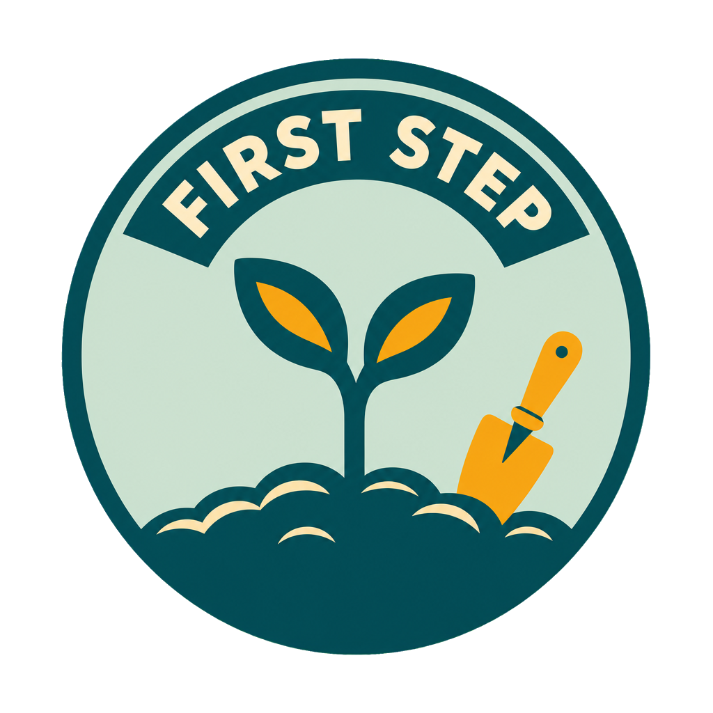 Teal and amber First Step roundel with a seedling and garden trowel