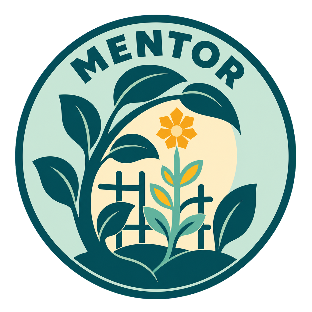 Mentor roundel with a flowering plant supported by a trellis beneath large leaves
