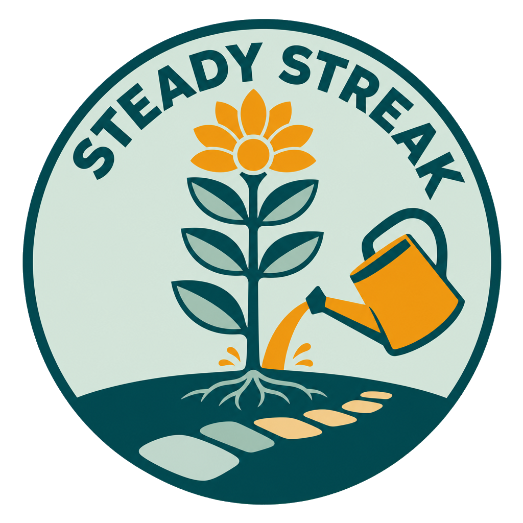 Steady Streak roundel with a tall flower, watering can and stepping stones