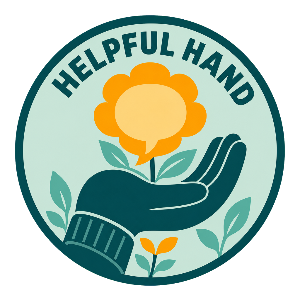 Approved round-one sample: Helpful Hand roundel with a gloved hand supporting a flower shaped like speech bubbles