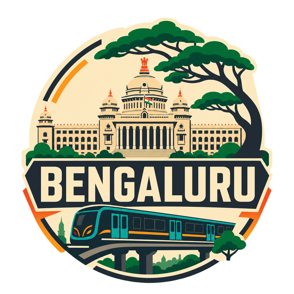 Modern-flat Bengaluru badge with Vidhana Soudha, a Namma Metro train and rain trees on a light background.