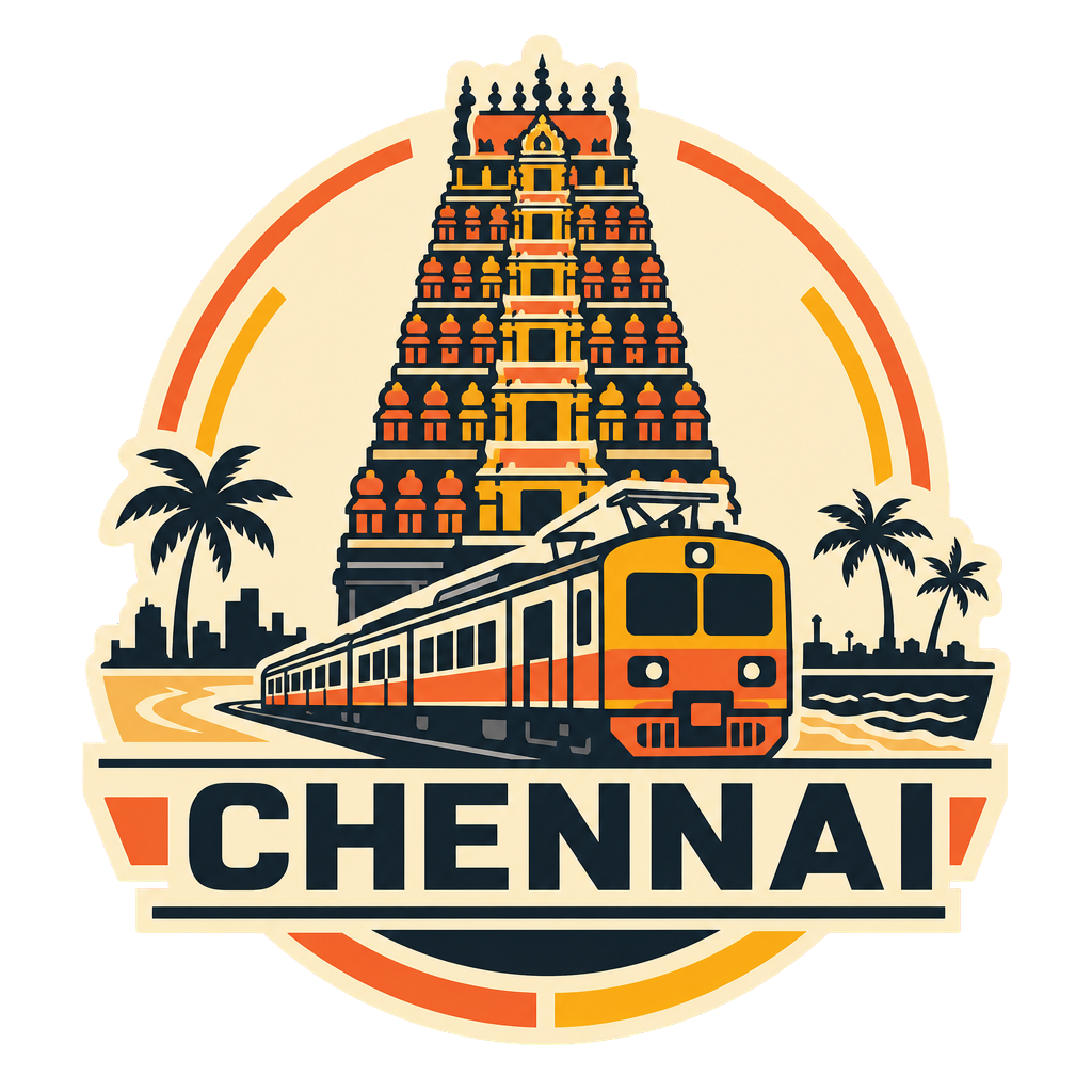 Modern-flat Chennai badge with the Kapaleeshwarar Temple gopuram, a suburban train and coastal palms on a light background.