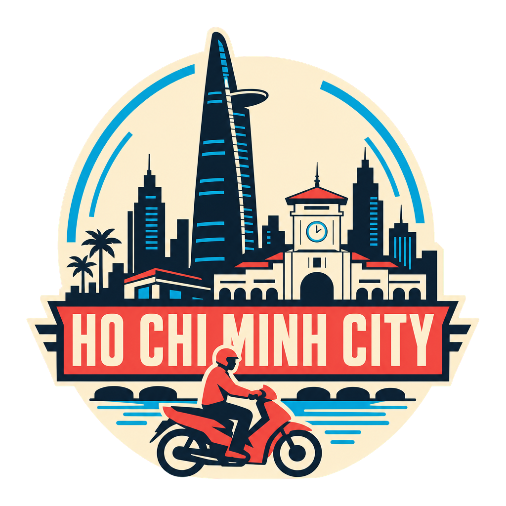 Modern-flat Ho Chi Minh City badge with Bitexco Financial Tower, a motorbike and Ben Thanh Market on a light background.