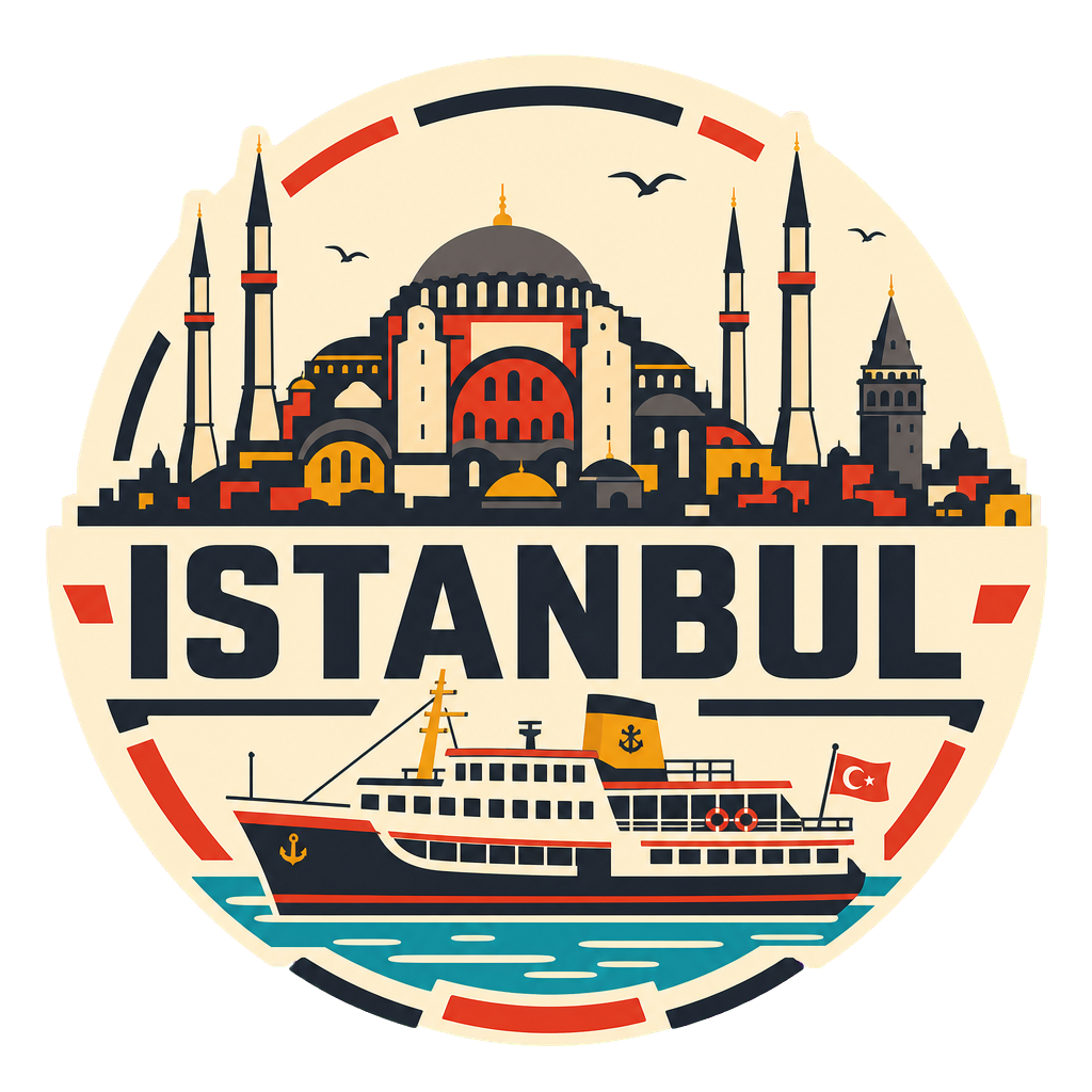 Modern-flat Istanbul badge with Hagia Sophia, a Bosphorus ferry and Galata Tower on a light background.