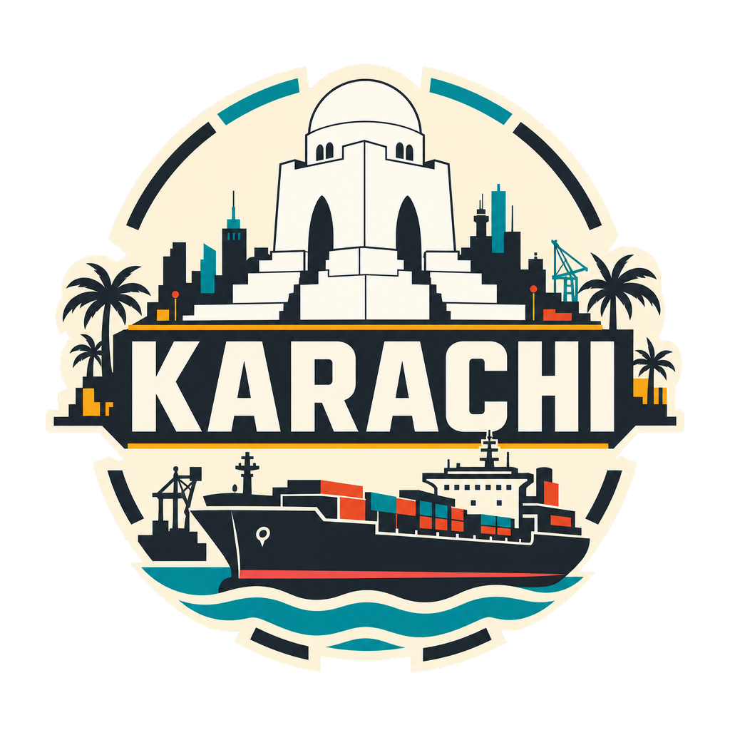 Modern-flat Karachi badge with Mazar-e-Quaid, a decorated rickshaw and port cranes on a light background.