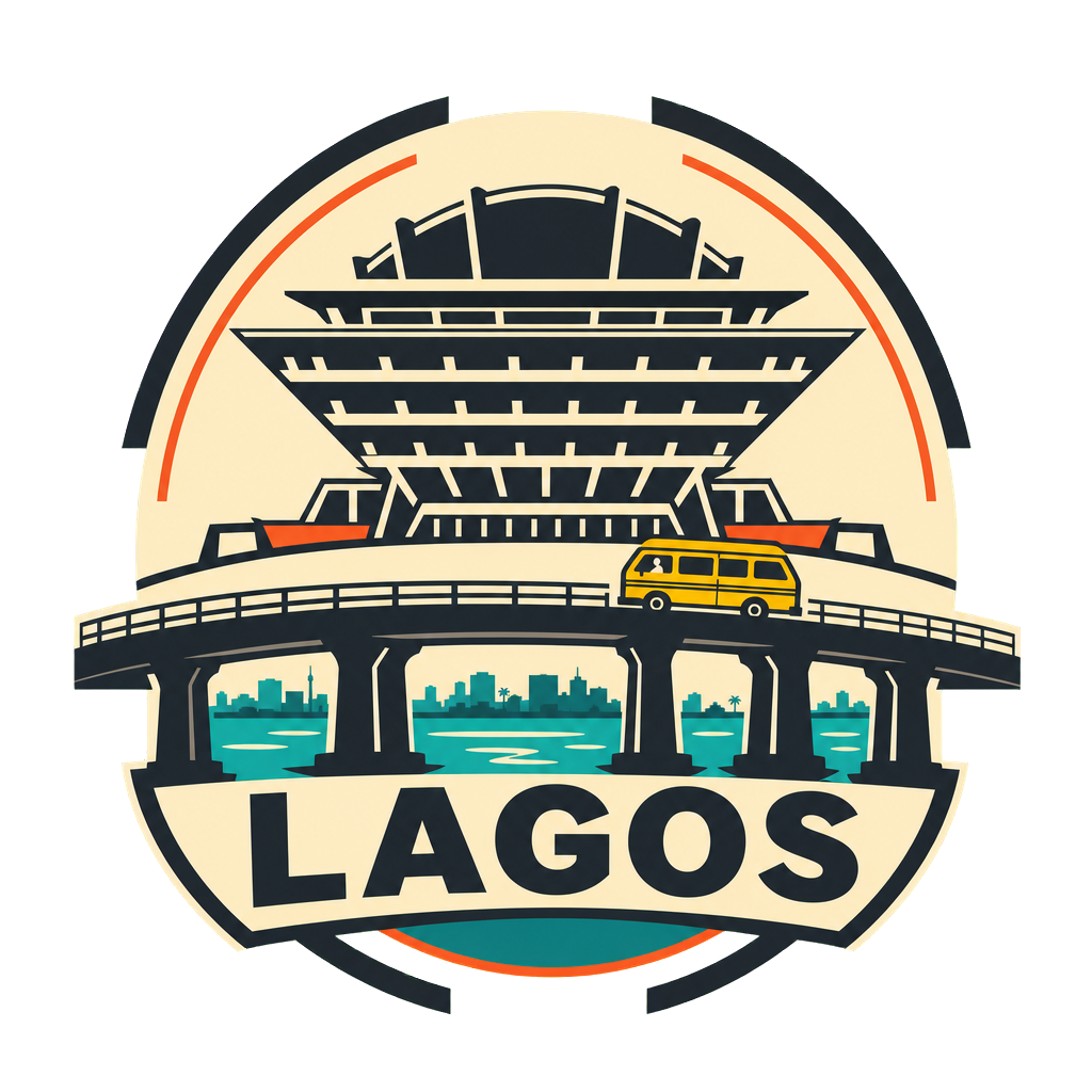 Modern-flat Lagos badge with Third Mainland Bridge, the lagoon skyline and a yellow danfo bus on a light background.