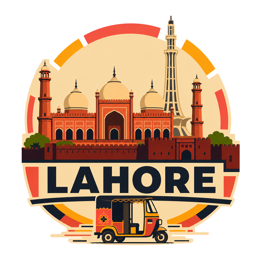 Modern-flat Lahore badge with Badshahi Mosque, Minar-e-Pakistan and a rickshaw on a light background.