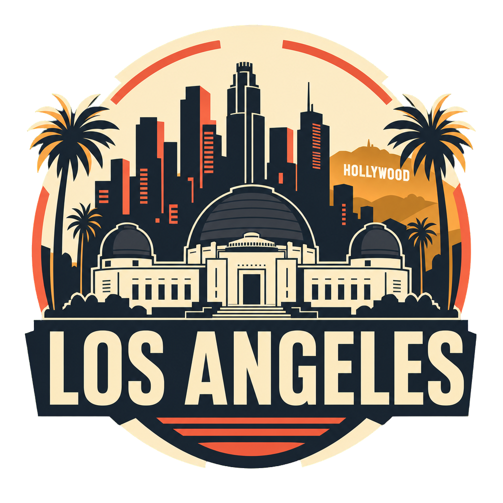 Modern-flat Los Angeles badge with the Hollywood Sign, downtown skyline and a Metro Rail car on a light background.