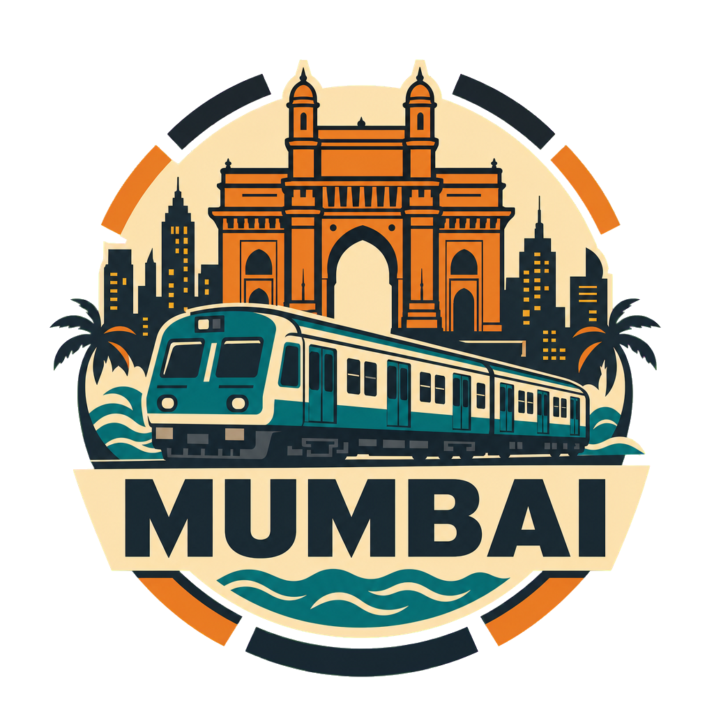 Modern-flat Mumbai badge with the Gateway of India, a suburban train and harbour ferries on a light background.
