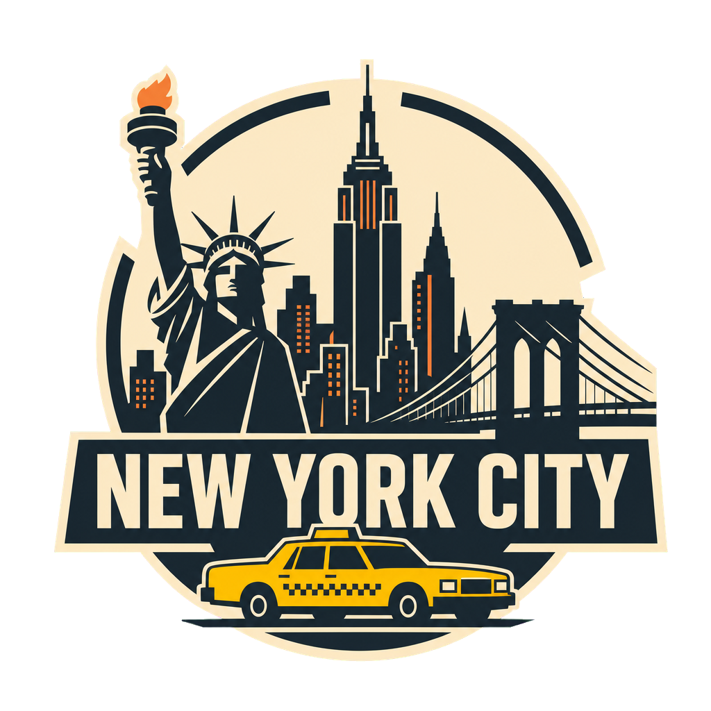 Modern-flat New York City badge with the Statue of Liberty, Manhattan skyline and a subway train on a light background.