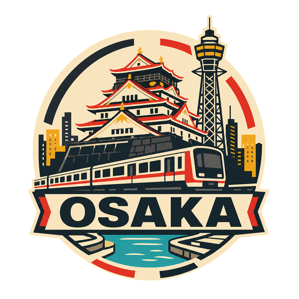 Modern-flat Osaka badge with Osaka Castle, Tsutenkaku and a subway train on a light background.