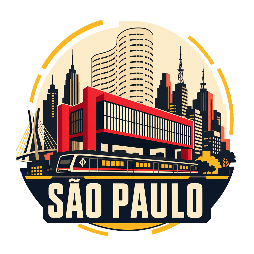 Modern-flat São Paulo badge with Edifício Copan, MASP and a metro train on a light background.