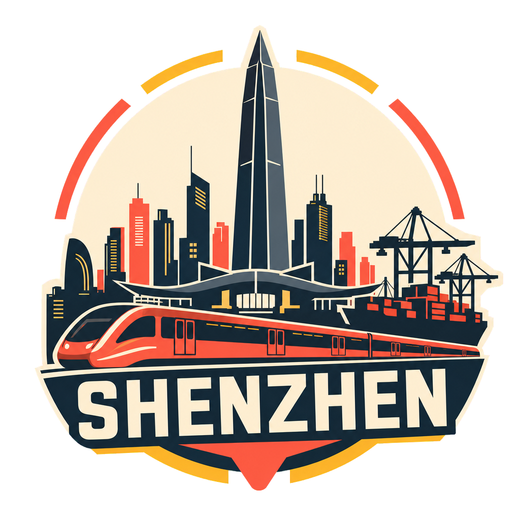 Modern-flat Shenzhen badge with Ping An Finance Centre, a metro train and Shenzhen Bay Bridge on a light background.