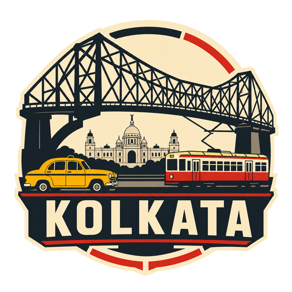 Round-one Kolkata sample with Howrah Bridge, a tram and a yellow taxi on a transparency-check background.